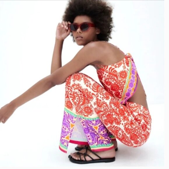 NEW Zara Satin Effect pyjama style Wide Leg Side Slit Pants in Orange, Sz S - Picture 3 of 16